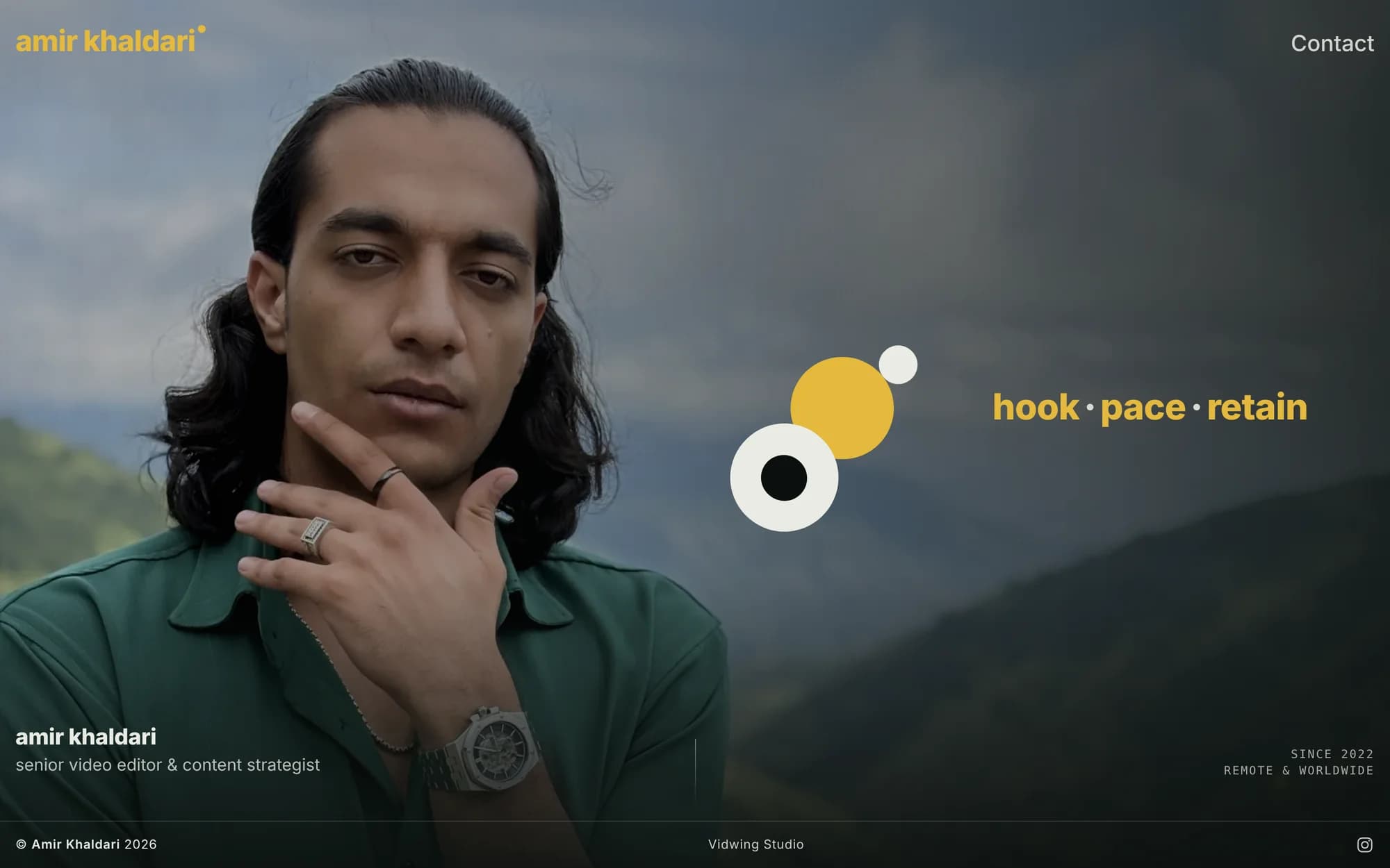 Amir Khaldari website — hero with portrait, logo and the line “hook · pace · retain”