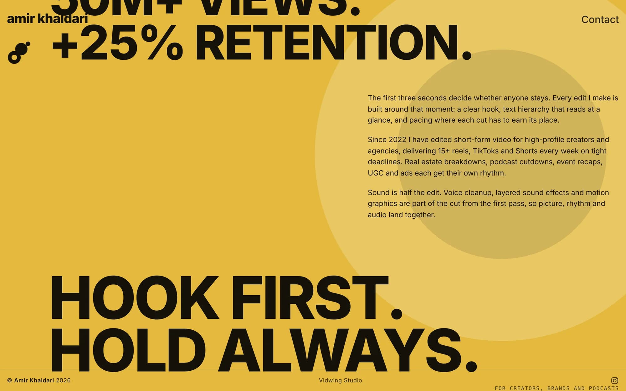 Website section with the line “Hook first. Hold always.” on a yellow background