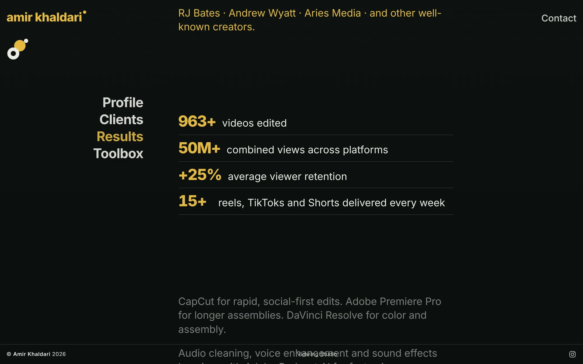 Website results section: 963+ videos, 50M+ views, +25% retention