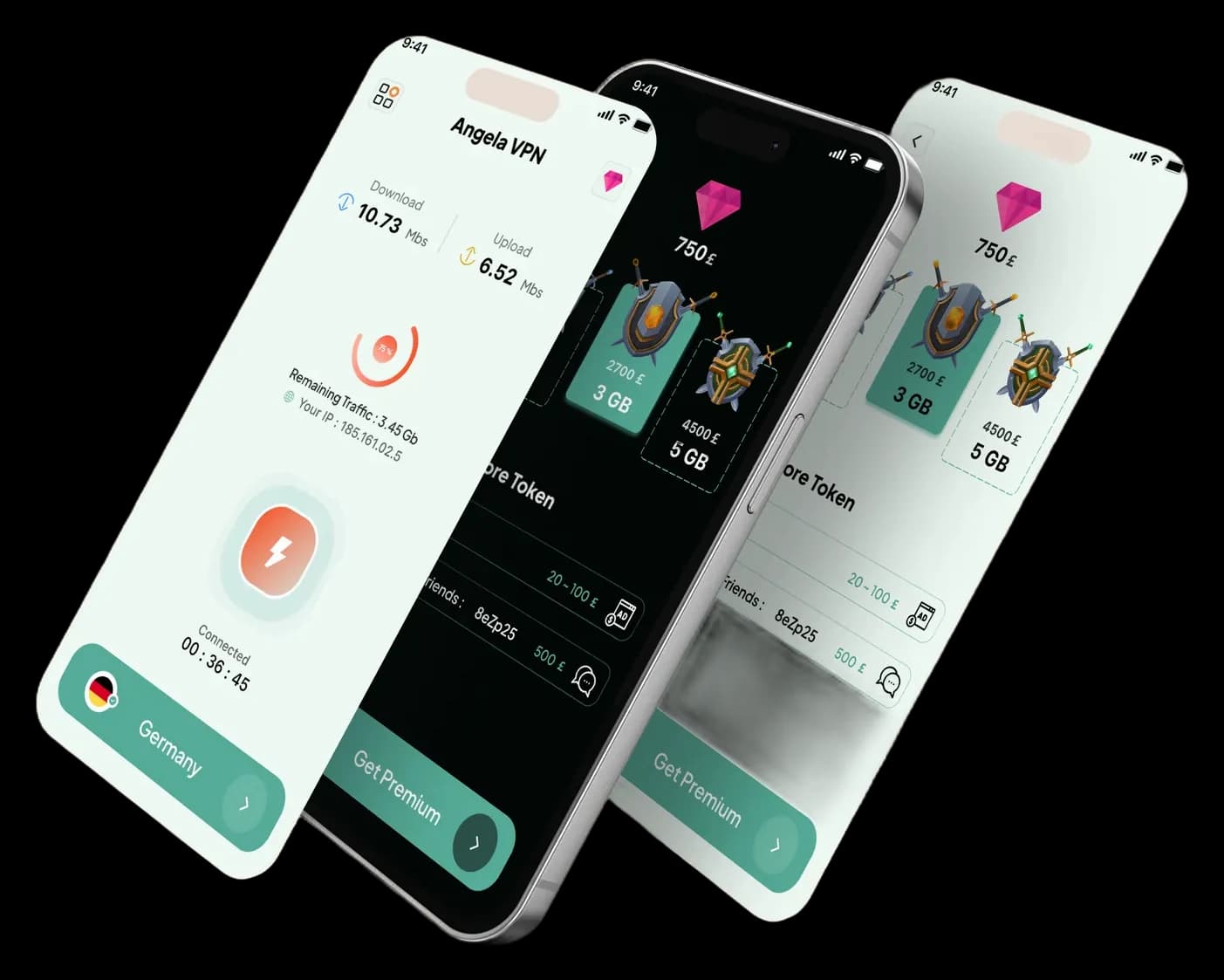 Three Eagle VPN app screens on phones, light and dark themes