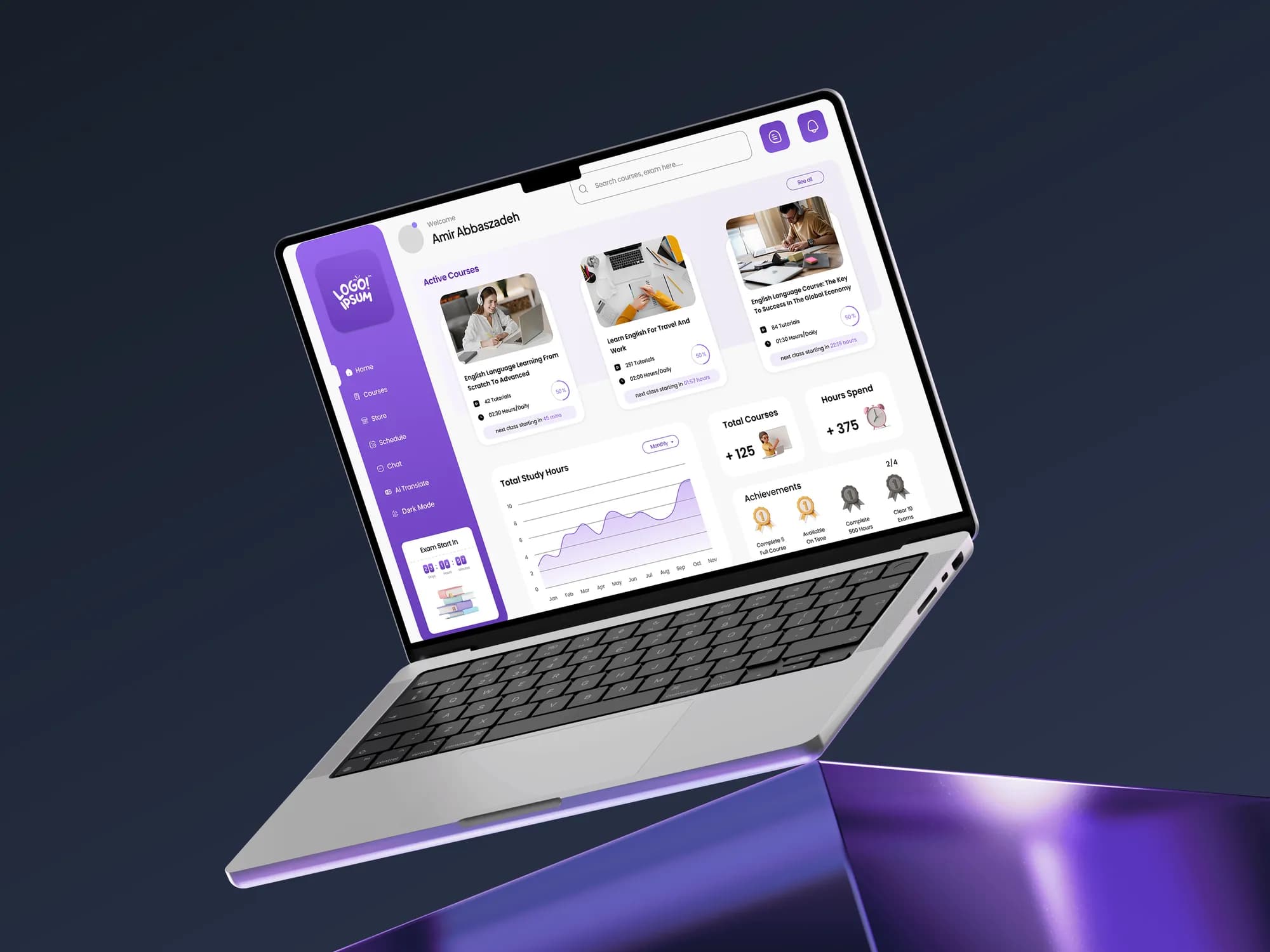 Student dashboard with courses and study statistics on a floating laptop
