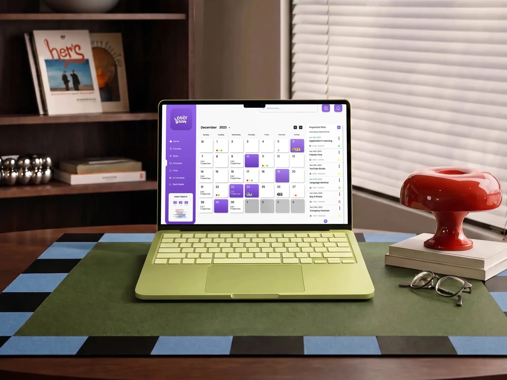 Class schedule calendar on a laptop on a wooden desk