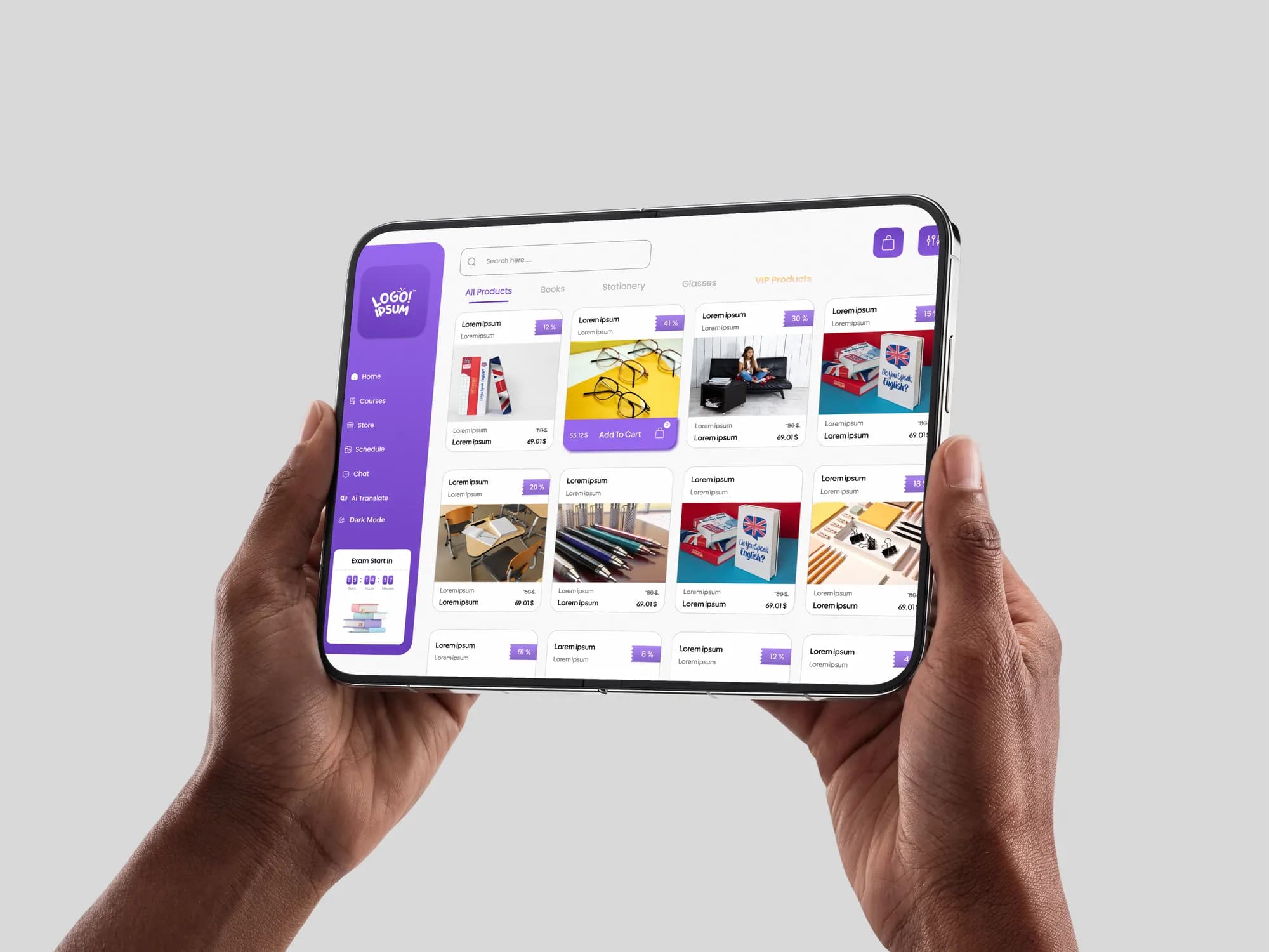 Online store for books and learning materials on a foldable tablet