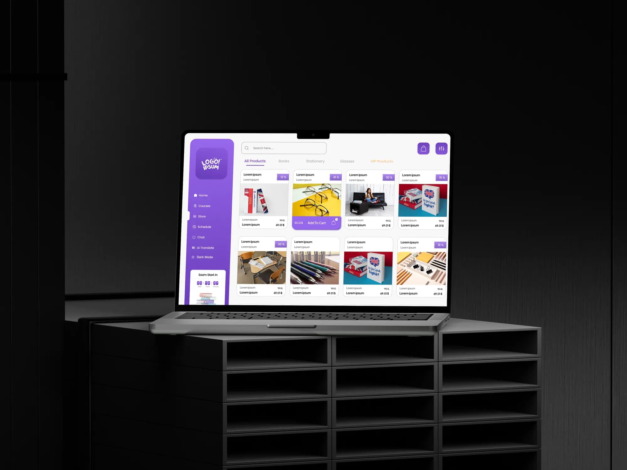 The institute’s online store on a laptop in a dark room