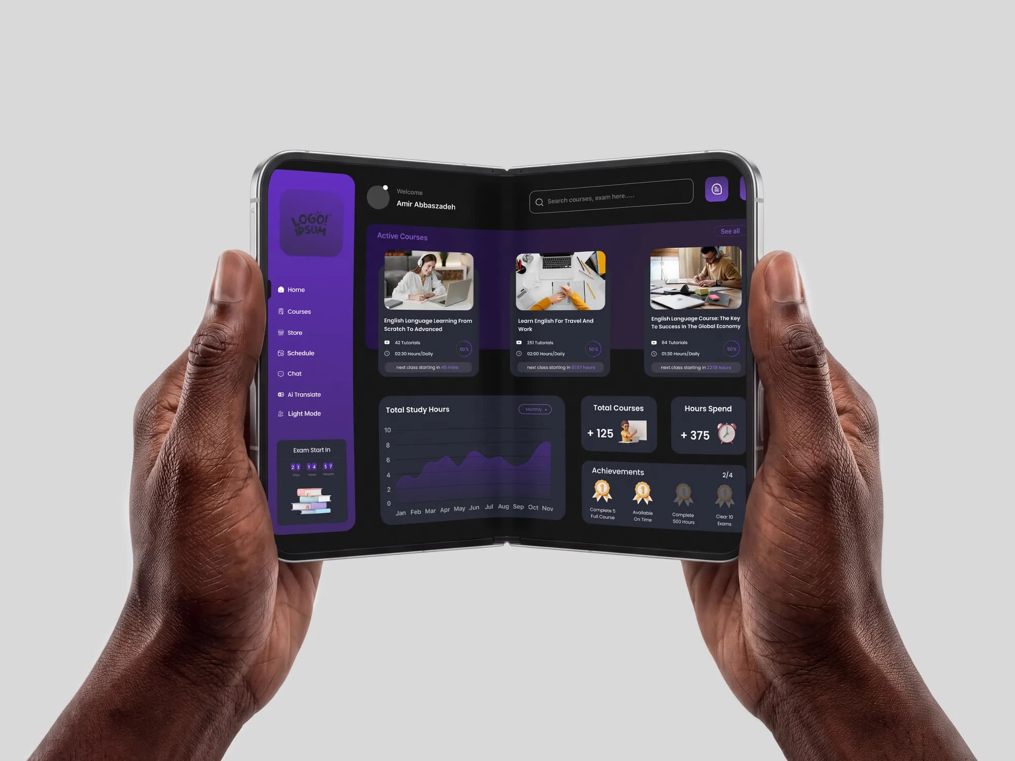 Dark-mode student dashboard on a foldable tablet