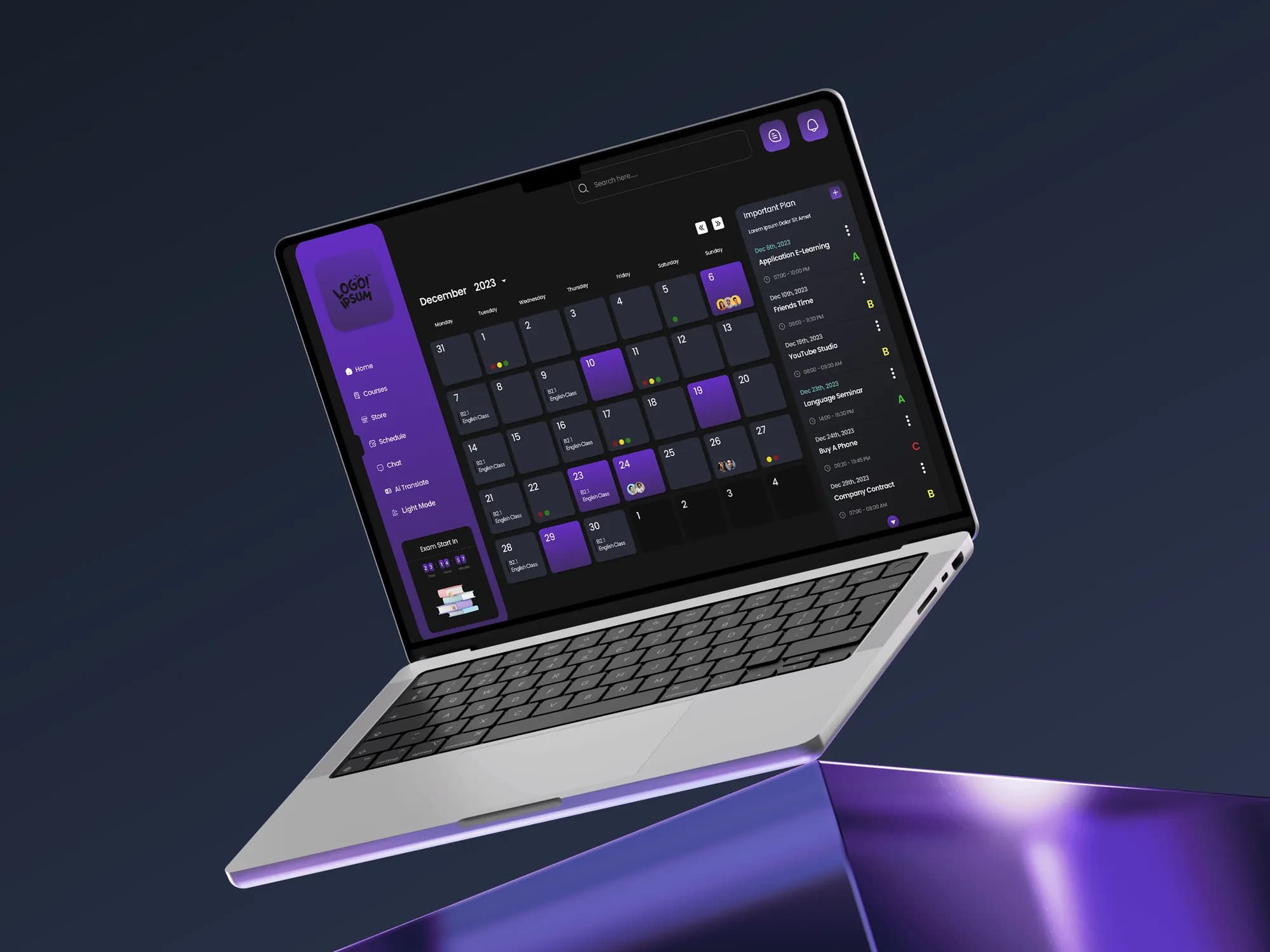 Dark-mode class calendar on a floating laptop