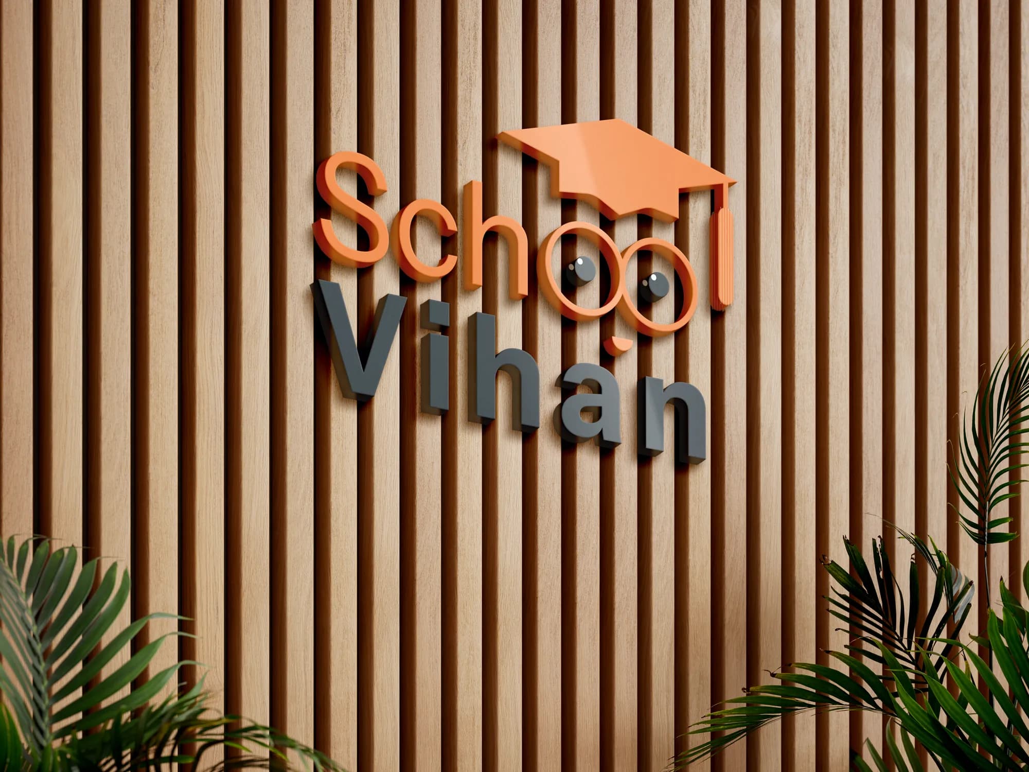 Vihan School logo mounted on a wooden slat wall