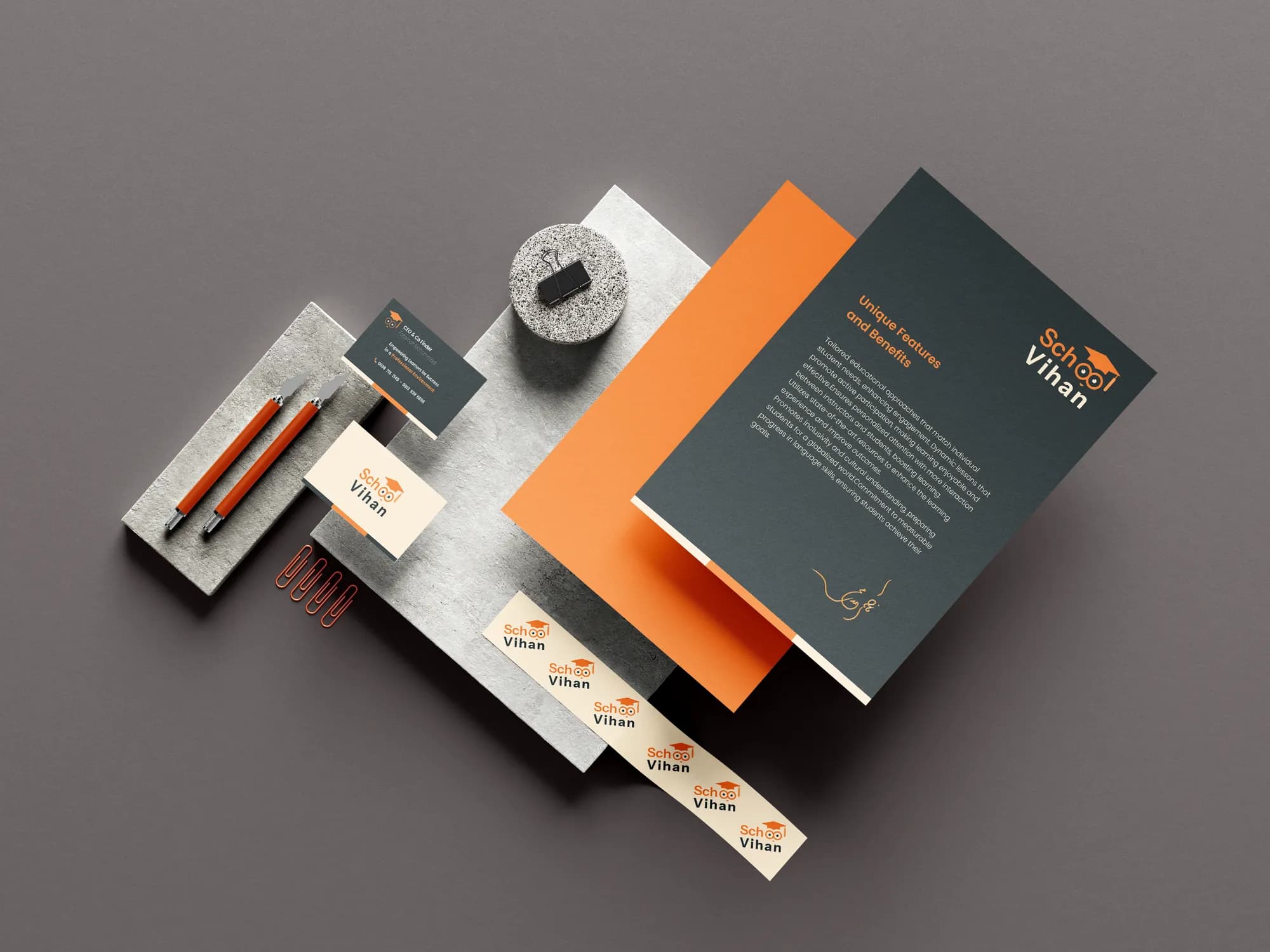 Vihan School stationery set: letterhead, cards, envelope and pens