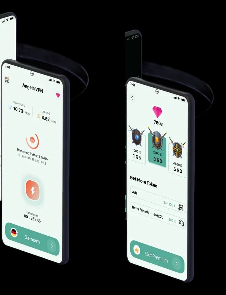 Two phones showing Eagle VPN onboarding and connection screens on a podium
