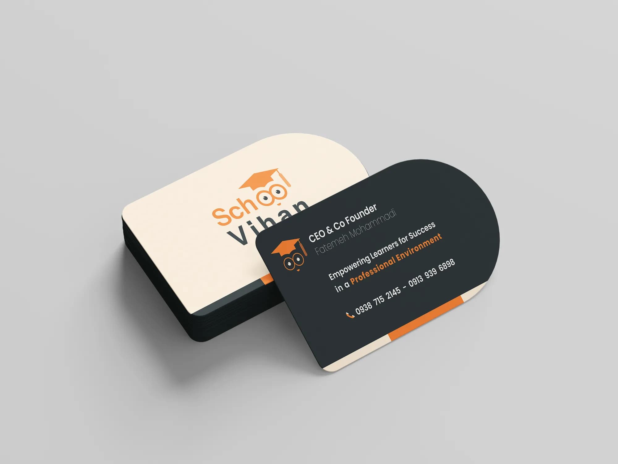 Rounded Vihan School business cards, front and back