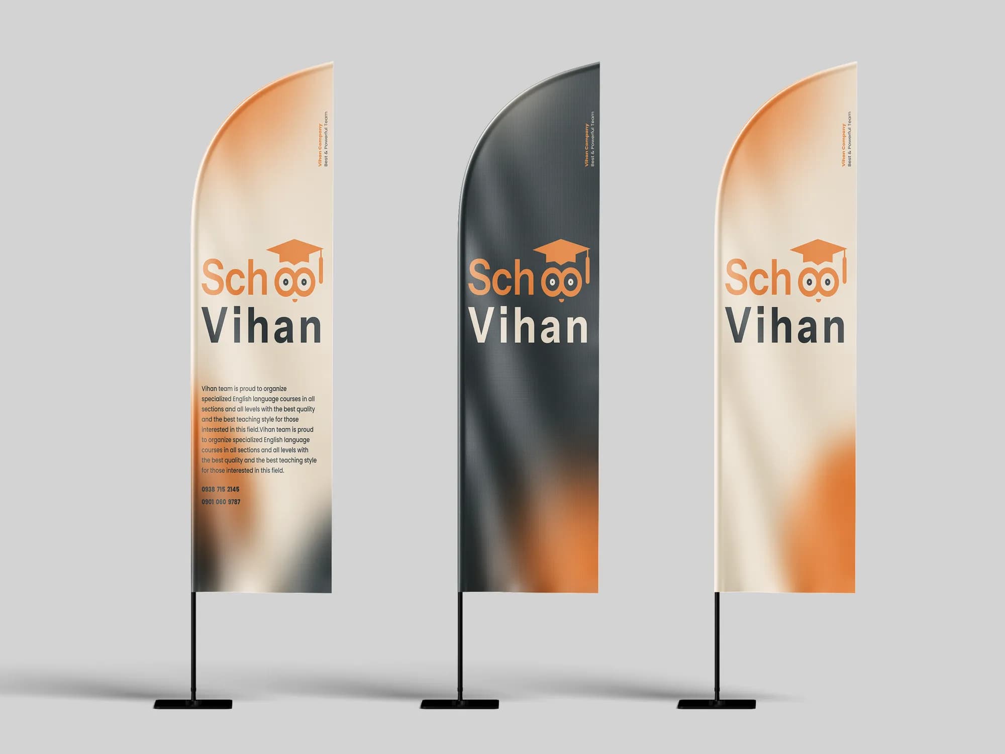 Three Vihan School feather flags in cream, charcoal and orange