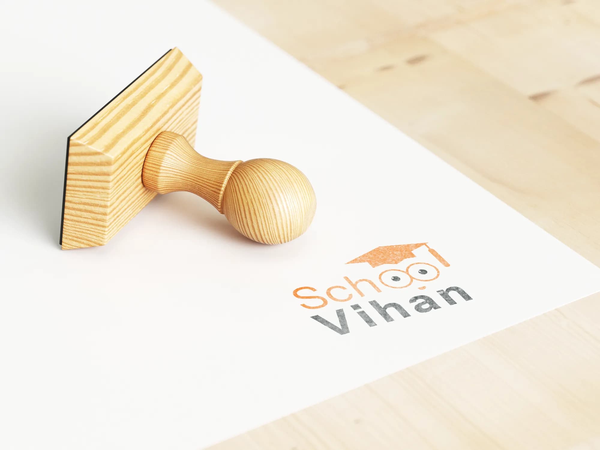 Vihan School logo stamped on paper next to a wooden stamp